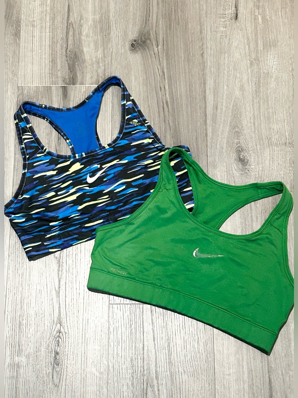 ❥Nike: (x2) Women’s Dri-fit Racerback Sports Bras - Green/Blue Camo